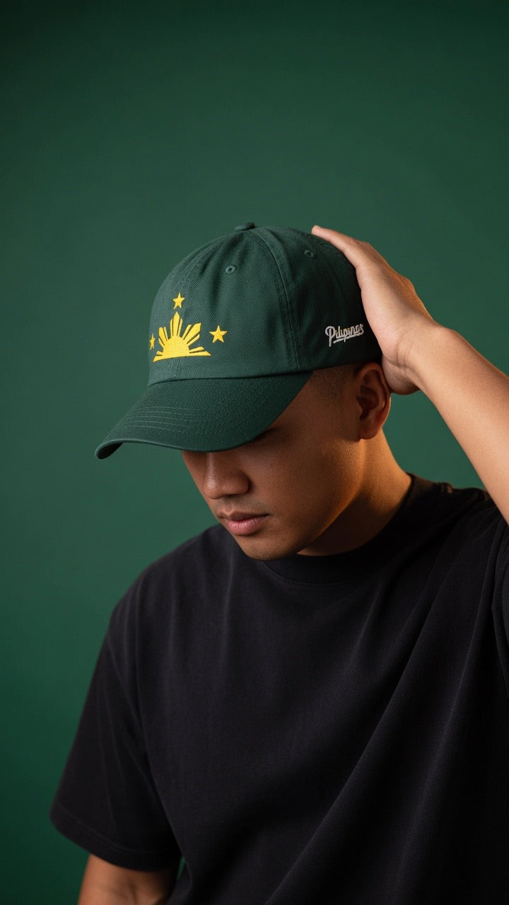Three Stars & Half-Sun + Script - green cotton hat