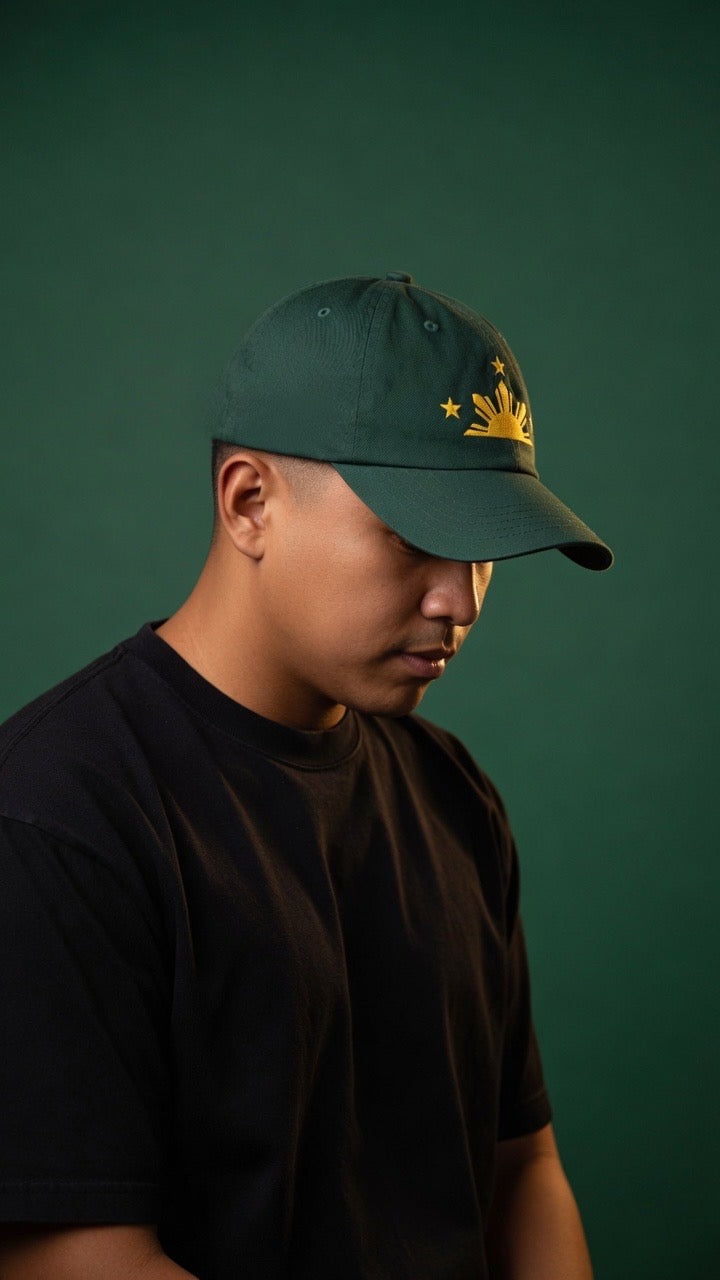 Three Stars & Half-Sun + Script - green cotton hat
