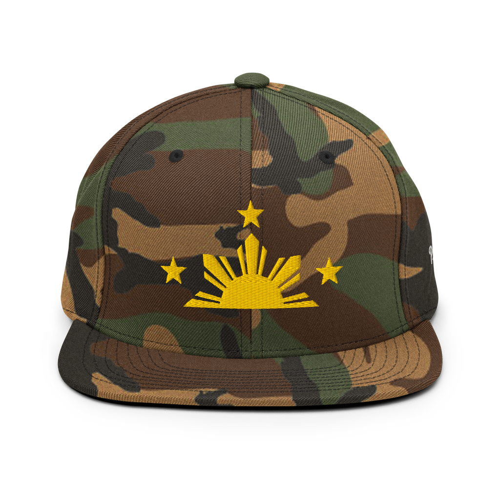 Three Stars & Half-Sun + Script - wool blend flat bill hat - Green Camo