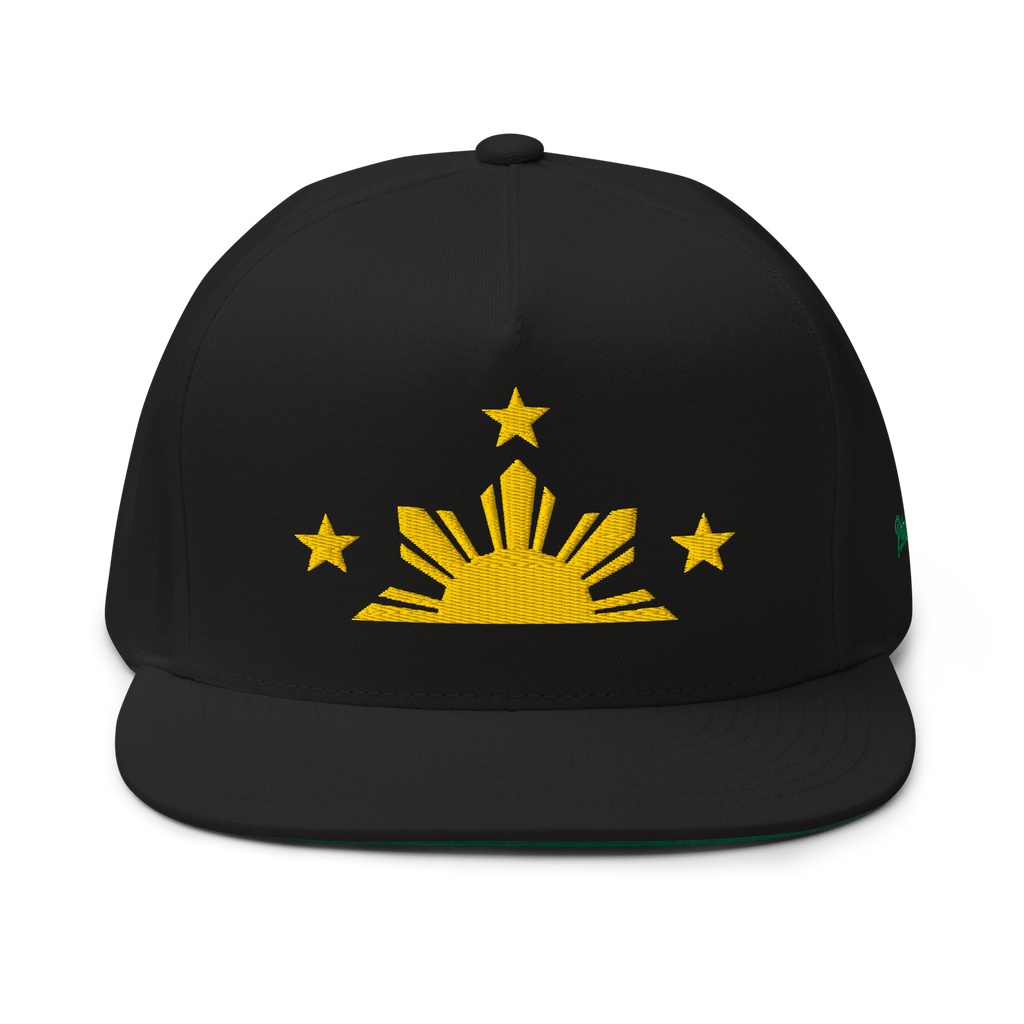 Three Stars & Half-Sun + Script - cotton flat bill hat - Black