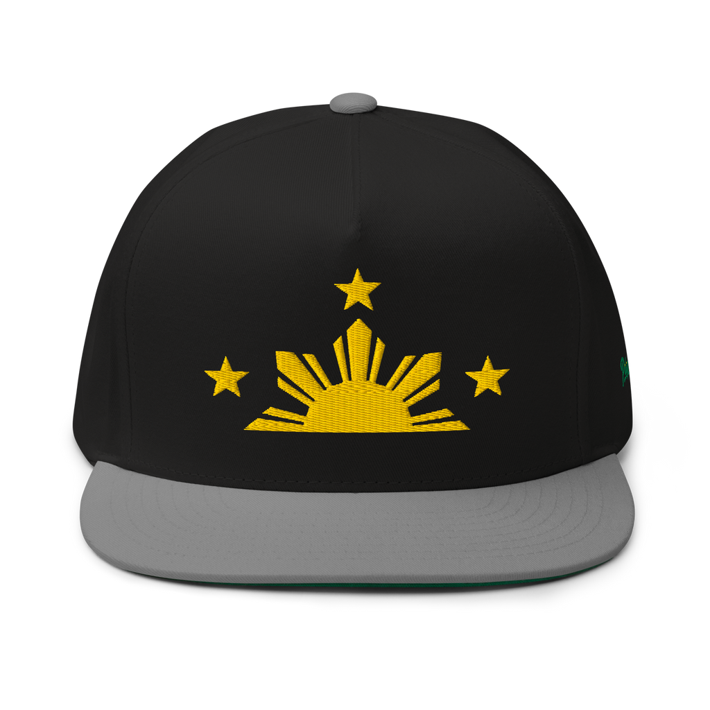 Three Stars & Half-Sun + Script - cotton flat bill hat - Black