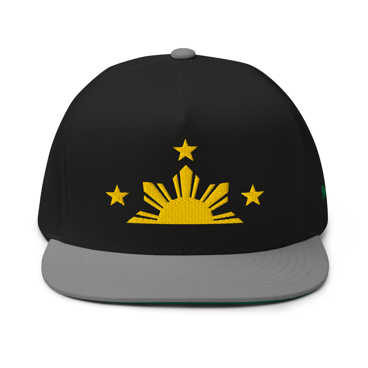 Three Stars & Half-Sun + Script - cotton flat bill hat - Black