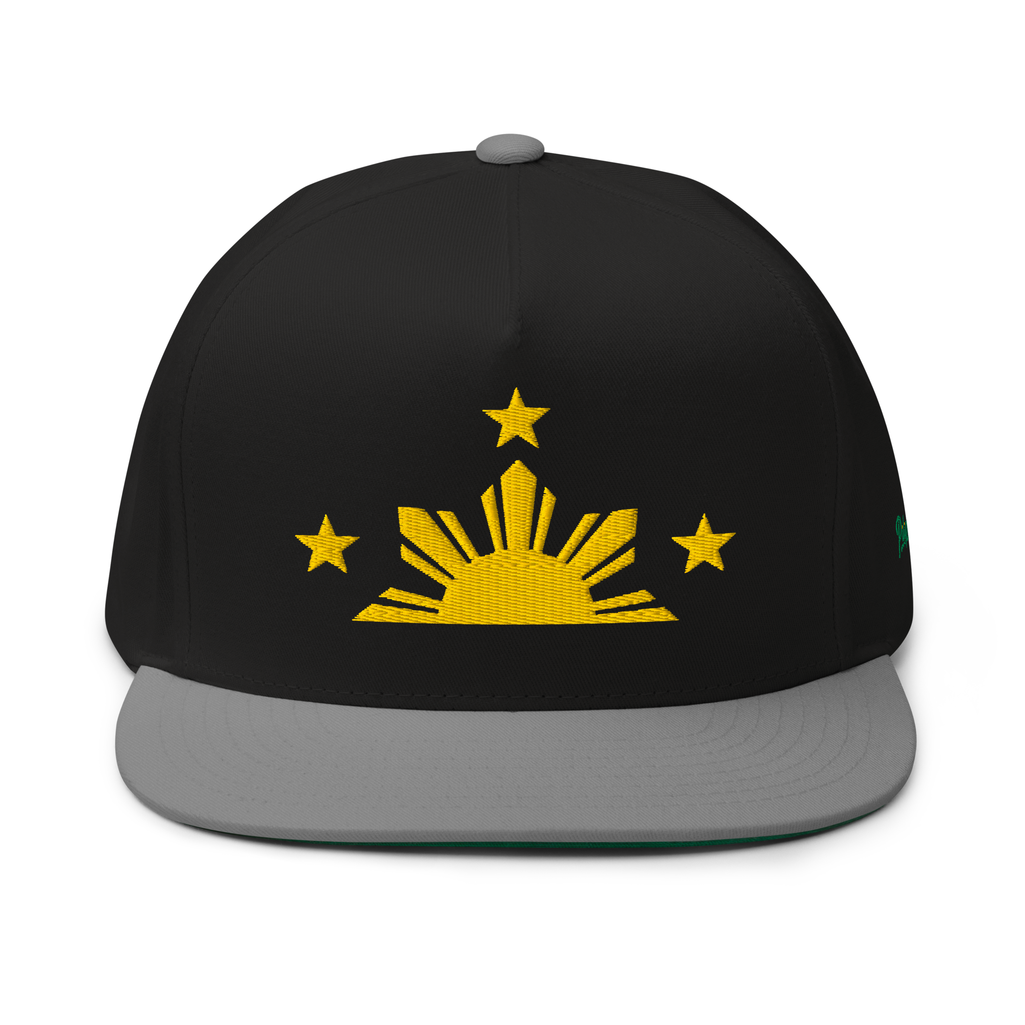 Three Stars & Half-Sun + Script - cotton flat bill hat - Black/Red