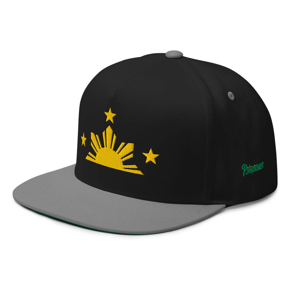Three Stars & Half-Sun + Script - cotton flat bill hat - Black
