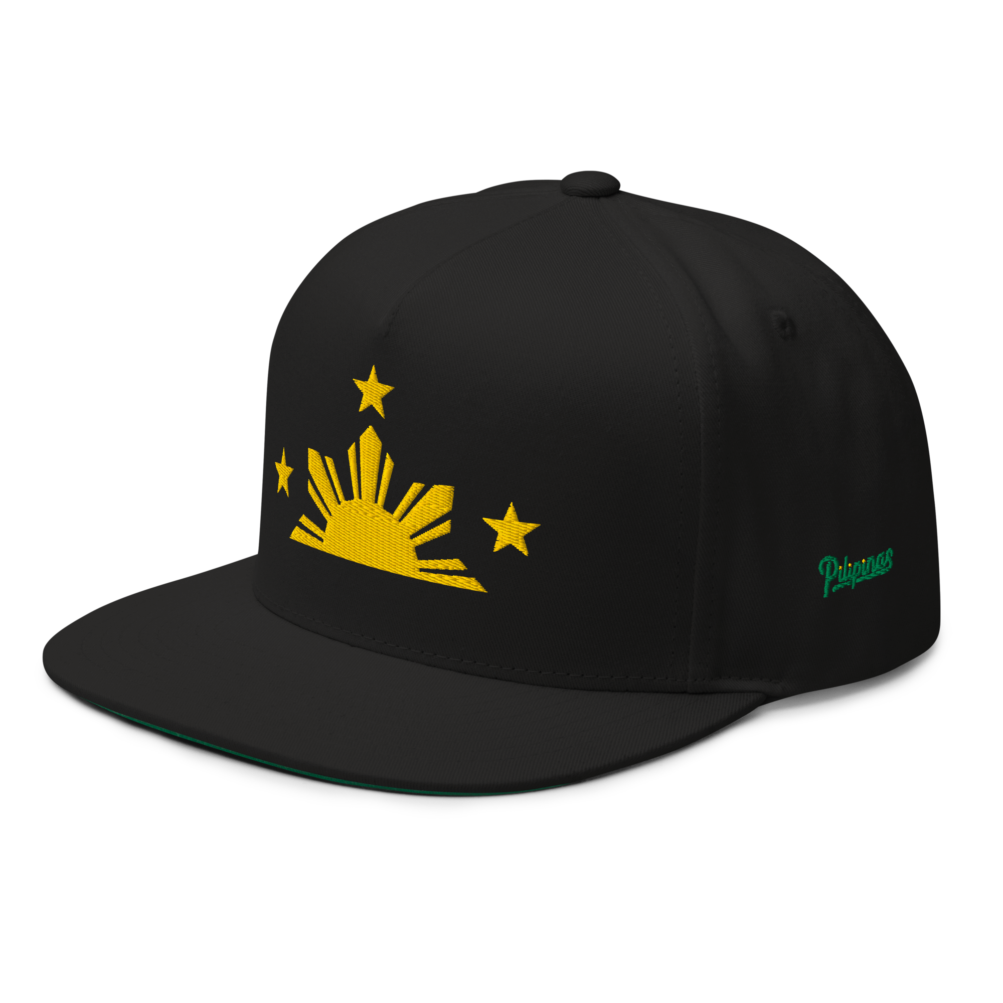Three Stars & Half-Sun + Script - cotton flat bill hat - Black