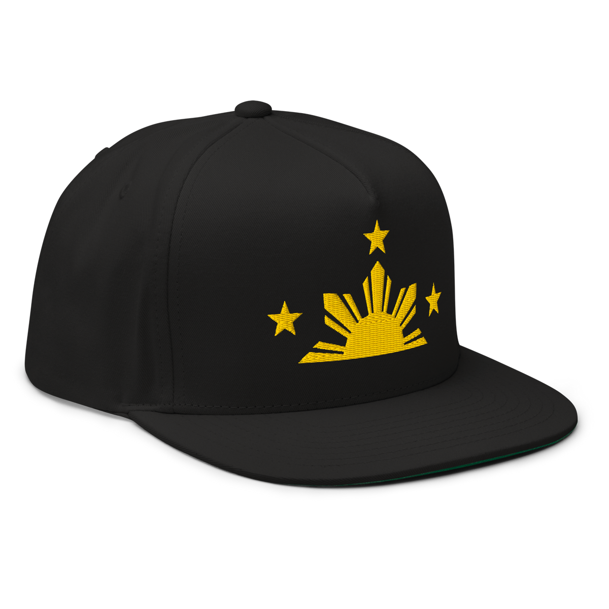 Three Stars & Half-Sun + Script - cotton flat bill hat - Black