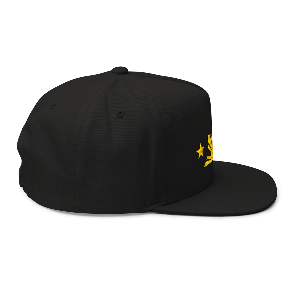 Three Stars & Half-Sun + Script - cotton flat bill hat - Black/Red