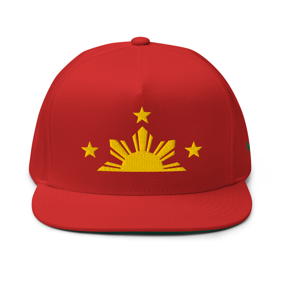 Three Stars & Half-Sun + Script - cotton flat bill hat - Black/Red