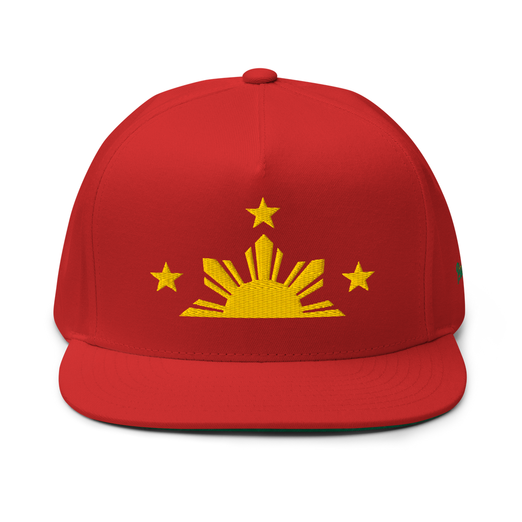 Three Stars & Half-Sun + Script - cotton flat bill hat - Red