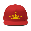 Three Stars & Half-Sun + Script - cotton flat bill hat - Red