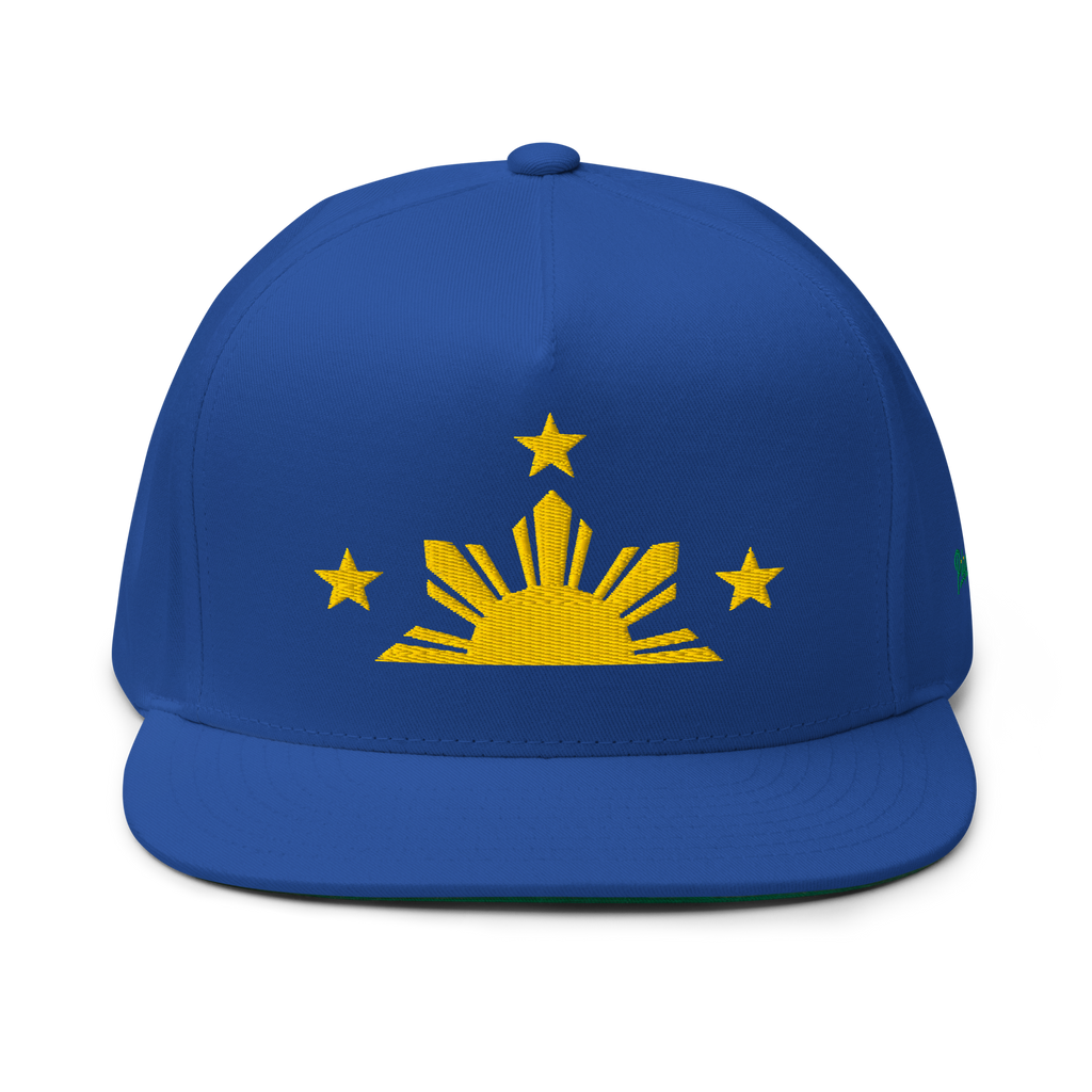 Three Stars & Half-Sun + Script - cotton flat bill hat - Royal Blue