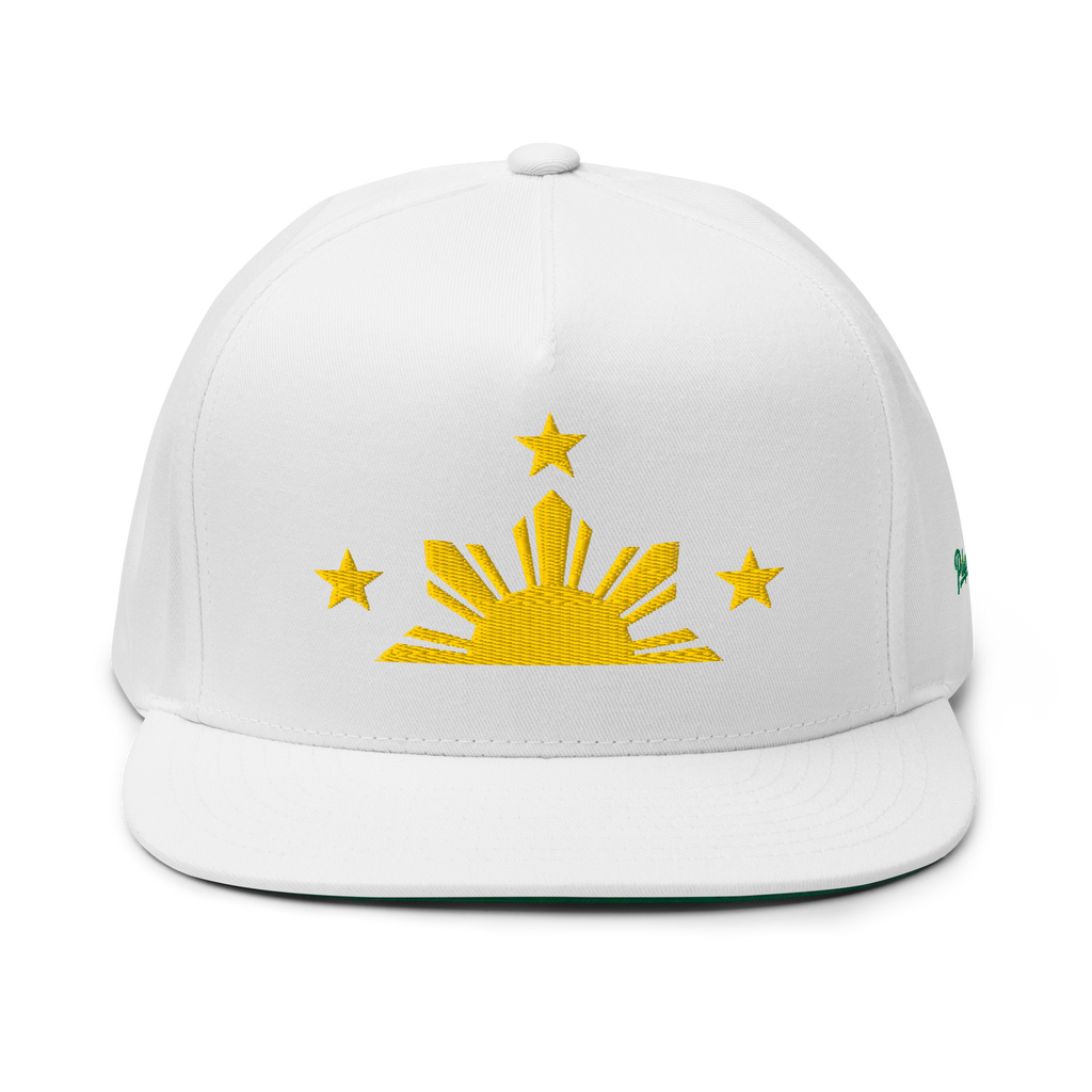 Three Stars & Half-Sun + Script - cotton flat bill hat - White