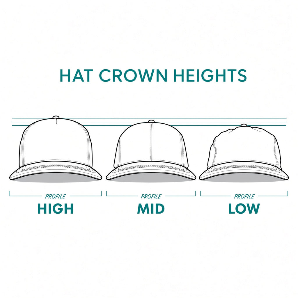 A diagram titled 'HAT CROWN HEIGHTS' showing three line-art views of a baseball cap from the front, labeled Profile High, Profile Mid, and Profile Low, with teal text and lines on a white background.
