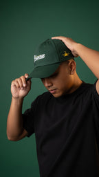 Script + Three Stars & Half-Sun - green cotton hat