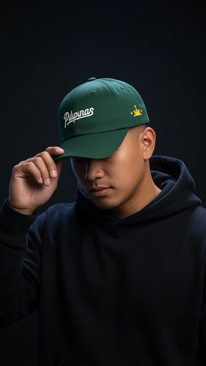 Script + Three Stars & Half-Sun - green cotton hat